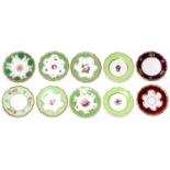 Ten similar Flight, Barr & Barr botanical and floral dessert plates, c1830, with green border and