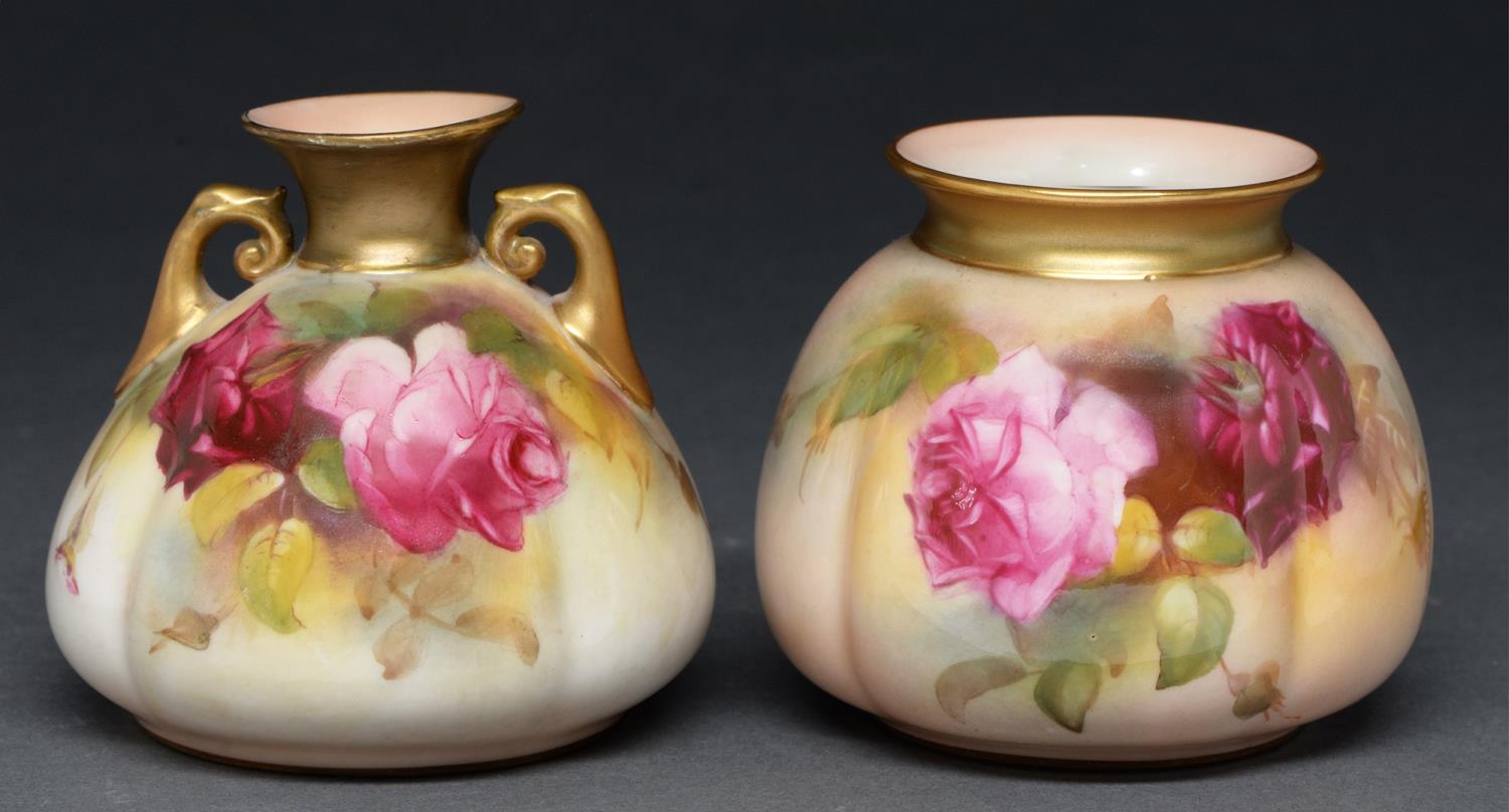 Two Royal Worcester sack shaped vases, 1924 and 1925, painted with Hadley Roses, one by E