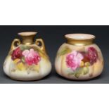 Two Royal Worcester sack shaped vases, 1924 and 1925, painted with Hadley Roses, one by E