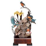 An Albany porcelain, bronze and glass group of a family of kingfishers, modelled by T Greene, late