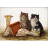 Bessie Bamber (Fl. early 20th c) - Inquisitive Cats, signed with initials, oil on glass, 16.5 x 24cm