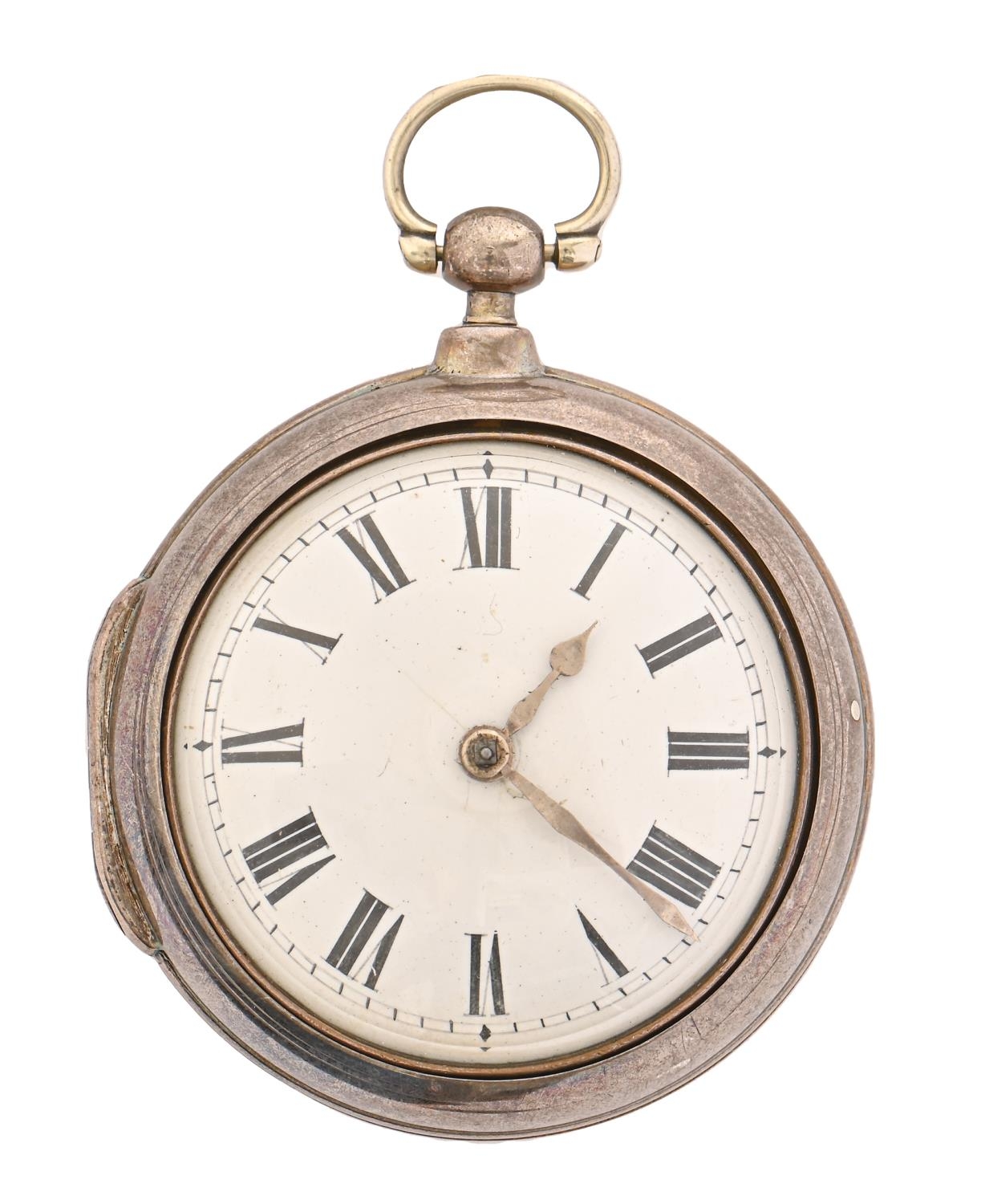 An English pair cased silver verge watch, Dw, London, No 78267, with enamel dial and flat centred