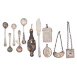 Five silver salt spoons, various makers and dates, two silver decanter labels, a vesta case, etc,