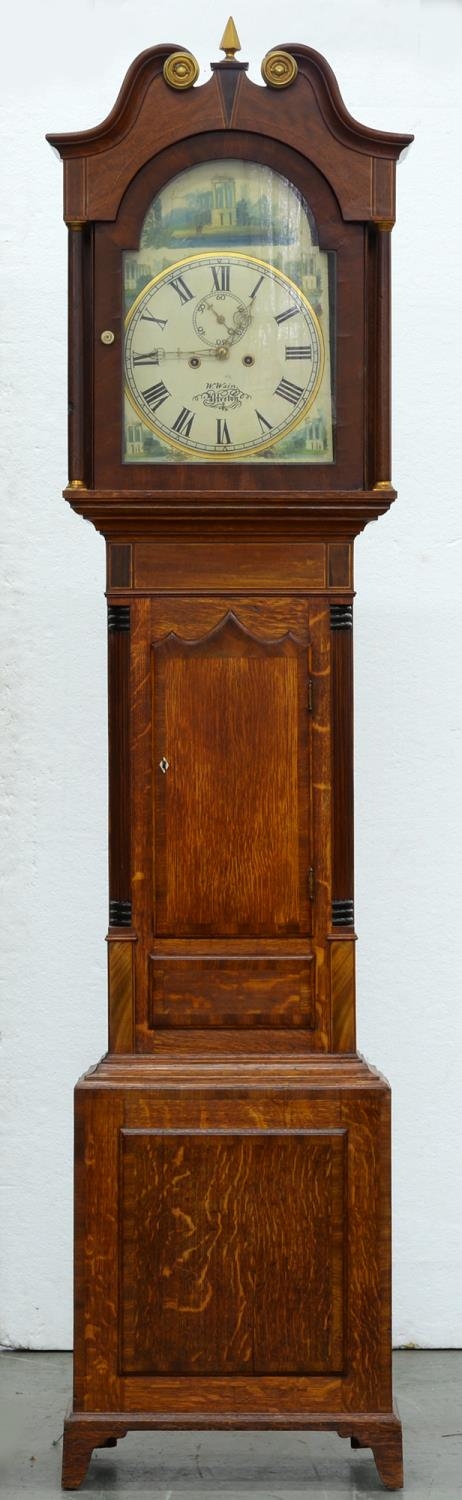 A Victorian oak and mahogany eight day longcase clock, W Wain Alfreton, the breakarched and