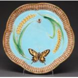 A George Jones majolica butterfly and wheat bread tray, c1875, 31.5cm diam, impressed mark,