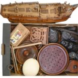 Miscellaneous items, including tribal art, treen bowls, tobacco jar and a model galleon, etc