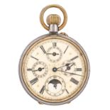 A Swiss keyless lever gunmetal watch, early 20th c, the enamel dial with day, date, month and