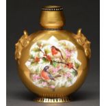 A Coalport gilt ground vase, c1885, of flask shape with mask handles, painted with birds on a bough,