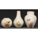 Three Grainger's Worcester vases, 1891, 1900 and circa, painted with a bird on raised gilt