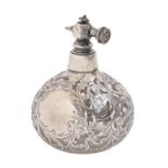 A foliate silver electro deposit onion shaped glass scent bottle, c1910, plated atomiser attachment,