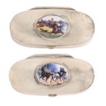 Two similar enamel set silver pill boxes, recent manufacture, 50mm l, unmarked, 1oz 5dwts Good