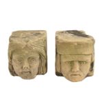 Two Medieval English limestone head corbels, 15th c, approximately 14cm h; 13 x 21cm Condition