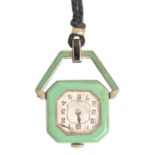 An Art Deco black and green enamelled silver pendant-watch, 40 x 31mm overall Movement overwound and