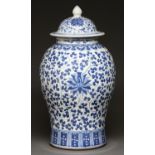 A Chinese blue and white jar and cover, 20th c, painted in Ming style with lotus meander Good
