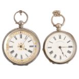 Two silver lady's lever watches, c1900, the larger 41mm diam and two silver chains Movements