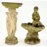 Two reconstituted stone birdbaths, one of a satyr seated on a shell, 80cm h and smaller One with