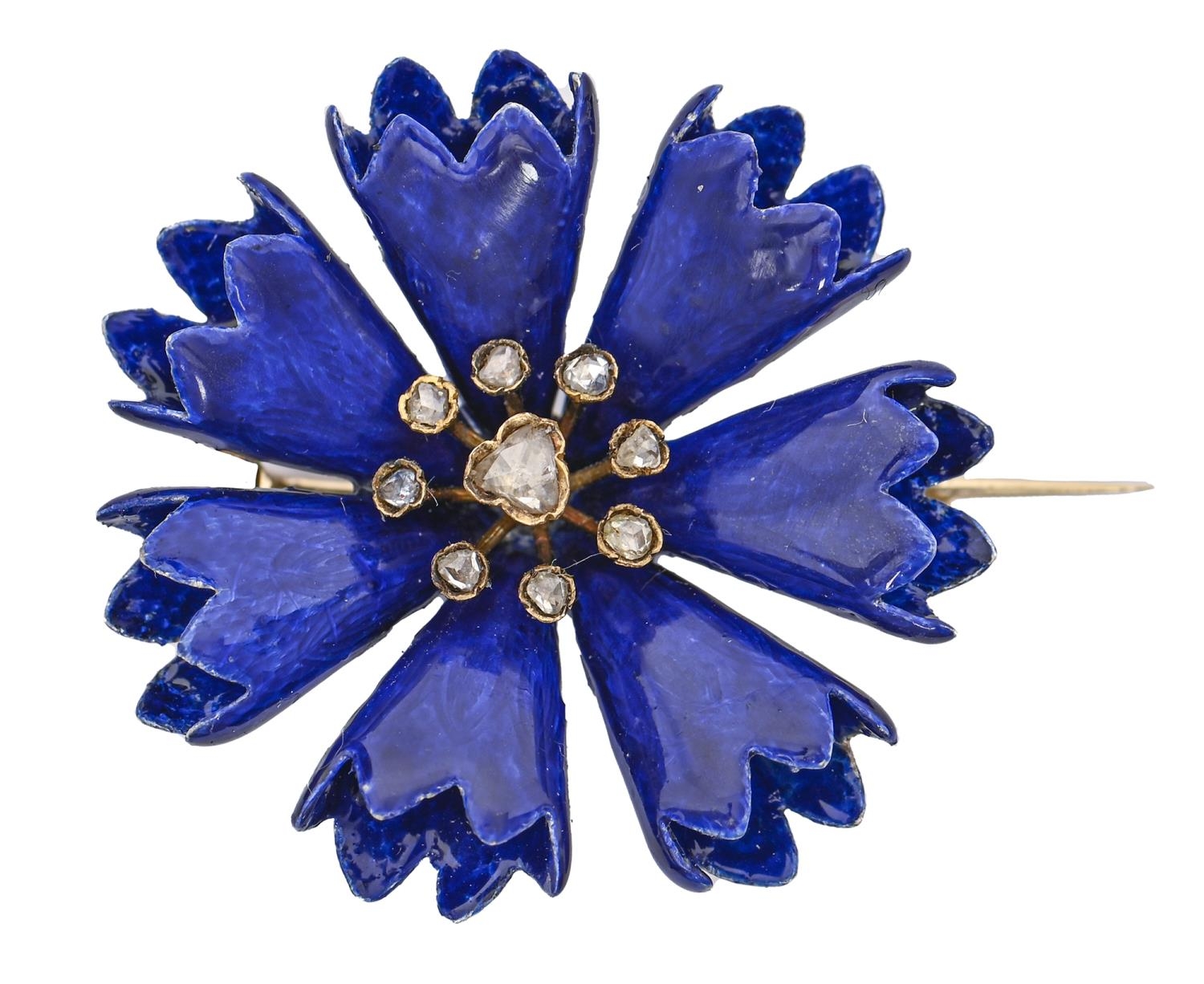 A Prussian Imperial Presentation diamond set blue guilloche enamel cornflower brooch, gold pin, 33mm