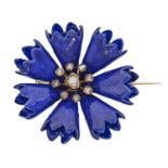 A Prussian Imperial Presentation diamond set blue guilloche enamel cornflower brooch, gold pin, 33mm