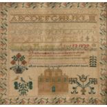 A William IV linen sampler, Elizabeth Hadfield aged 13 1837, worked with house, birds and trees in