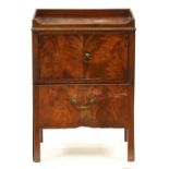 A George III mahogany tray top commode, 80cm h; 44 x 57cm Some warping of veneers on sides, old