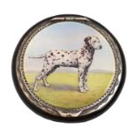 A Continental silver and black enamel compact, the lid decorated in guilloche enamel with a dog,
