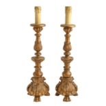 A pair of carved and gilded wood table lamps, in 16th c style, 51cm h excluding lamp holder Good