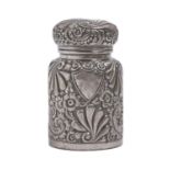 A Victorian silver cased glass bottle, die stamped with flowers and scrolls, glass stopper, 86mm