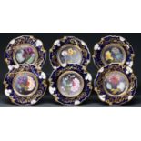 A set of six New Hall bone china dessert plates, c1825-30, of shell moulded form, painted with