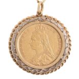 Gold coin. Half sovereign 1892, mounted in 9ct gold pendant, on 9ct gold necklet, 8.9g Good