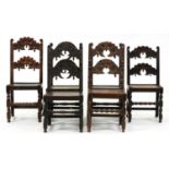 A harlequin set of six Derbyshire oak chairs, late 17th c and later, typical shaped arched ladder