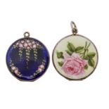 Two silver and enamel lockets, early 20th c, painted with roses, on a blue or pale green guilloche