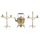 A pair of adjustable brass twin branch candelabra, early 20th c, 38cm h and a brass kettle on