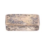 A Russian niello snuff box, decorated with scrolling foliage, 78mm l, maker H M, Moscow 1843, 2ozs