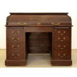 A dark-stained oak office desk, early 20th c, with tambour shutter, the sides panelled, 94cm h; 73 x