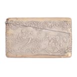 A Continental silver card case, late 19th c, embossed with a milkmaid and other rural scenes, 10cm