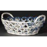 A Worcester blue and white pierced basket, c1780, transfer printed in underglaze blue with the