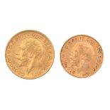 Gold coins. Sovereign 1911 and Half Sovereign 1914