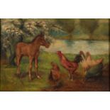 Follower of Edgar Hunt - A Foal and Hens by a River, oil on panel, 18 x 27.5cm Good condition