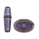 A silver and lavender guilloche enamel etui, early 20th c, the cover serving as a thimble, 58mm h,