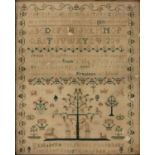 A George III linen sampler, Elizabeth Tyler, her work ended February the 12th, year of her age,