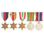 WWII, five, 1939-1945 Star, Africa Star, First Army Clasp, Italy Star, Defence Medal and War Medal