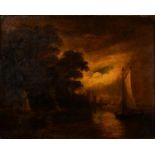 English School, 19th c - A Harbour by Moonlight, oil on canvas, 23 x 28cm, stretcher blind-stamped