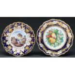 A Ridgway dessert plate, c1825, painted with a river scene in cobalt and gilt border, 21.5cm diam,