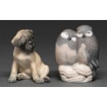A Royal Copenhagen model of owlets and another of a seated pug puppy, 80 and 85mm h, painted and