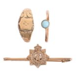 A turquoise ring, in gold marked 9ct, a gold signet ring and a gold sweetheart's brooch marked