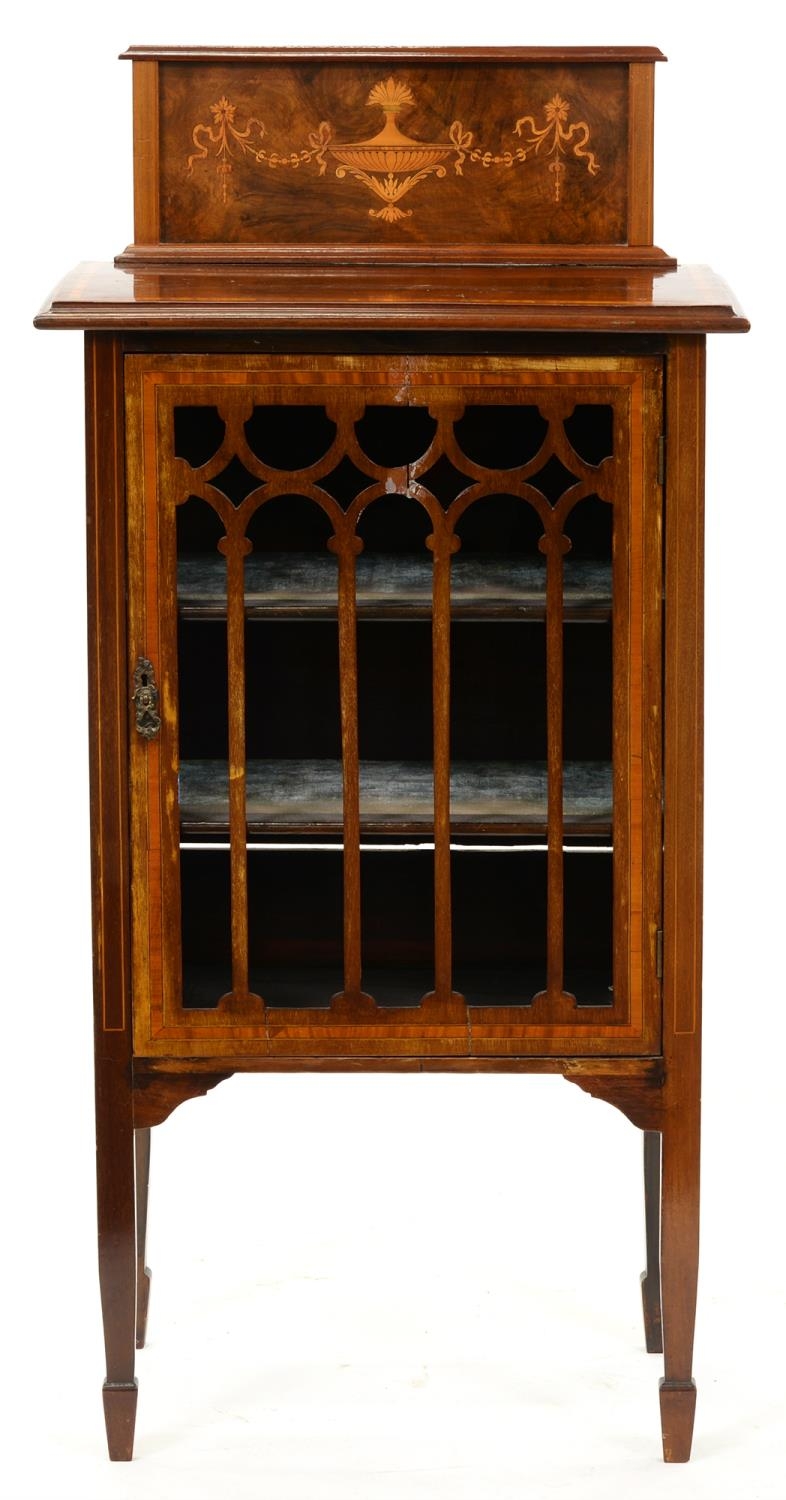 An Edwardian mahogany, crossbanded and inlaid music cabinet, 116cm h; 32 x 56cm Lacks glass
