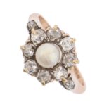 A pearl and diamond cluster ring,  with diamond shoulders, head 7mm, in gold marked 18ct, 3.5g, size