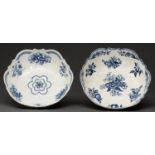 Two Worcester blue and white junket dishes or salad bowls, c1775, with crisp rococo moulding, one