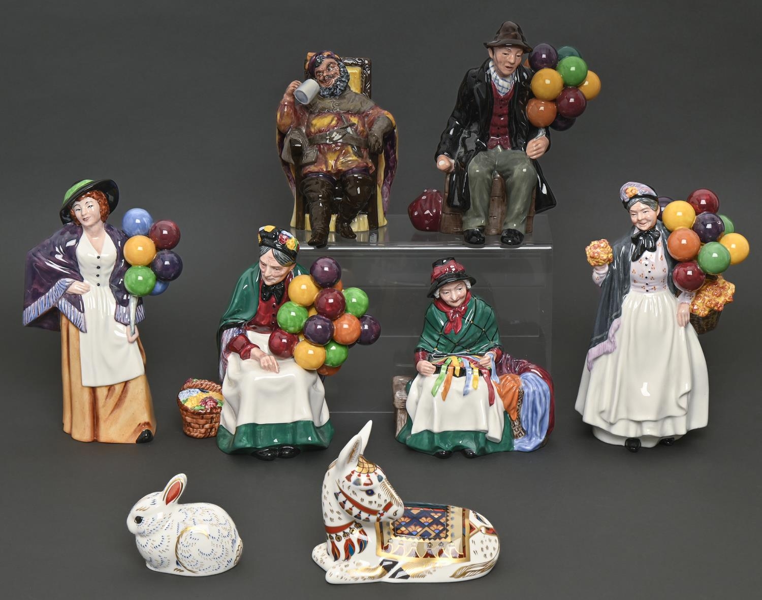 Six Royal Doulton figures of Balloon Sellers and others, late 20th c, various sizes, printed mark