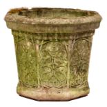 An octagonal reconstituted stone jardiniere, 41cm h; 48 x 48cm Undamaged, green from long exposure